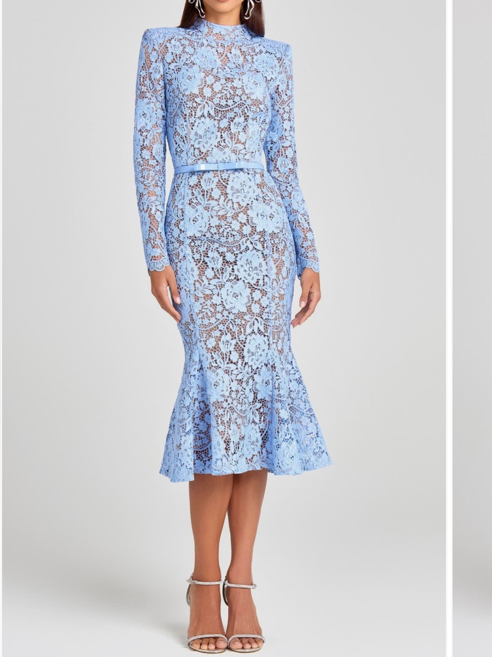 Nadine Merabi Juliette Long Sleeve Lace Midi Dress in Periwinkle Blue
